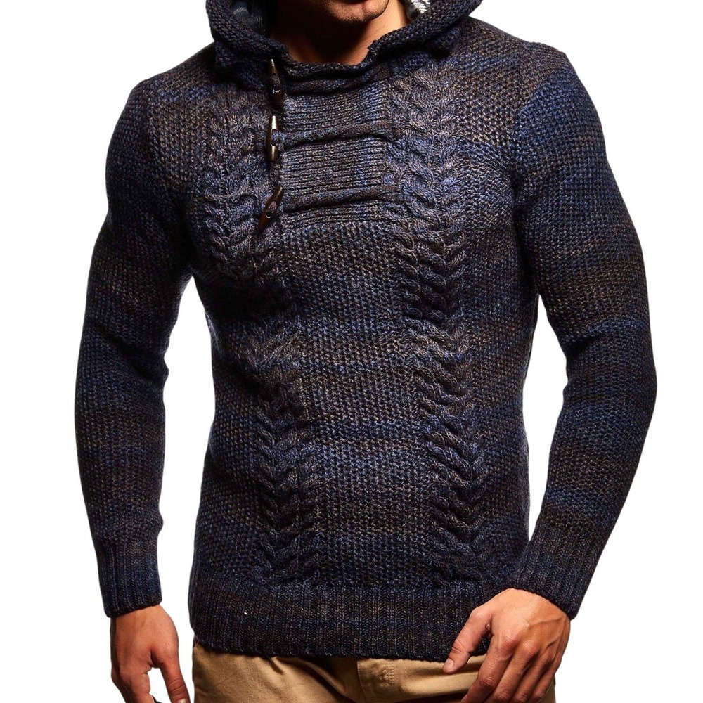 Leif Nelson‎ Toggle Cable Knit Hoodie Sweater Mens L Blue Acrylic Wool Blend NEW